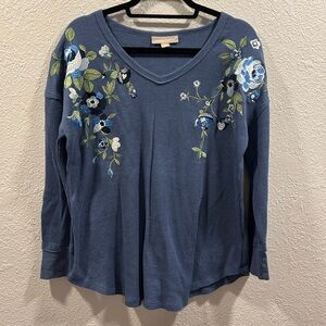 Woman‎ within blue, thermal, long sleeve embroidered floral top 14/16 M